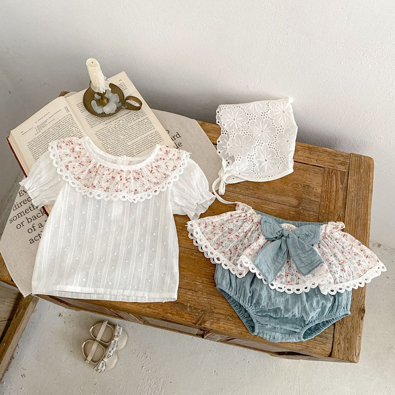 Baby Clothes 2025 Summer New Cute Printed Collar Short Sleeve Top Romper Skirt Pants Two-Piece Set for Girls