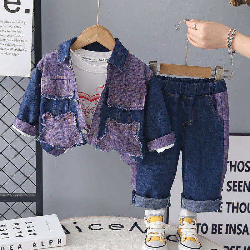Girls' Outfit 2026 New Fashionable Children's Denim Jacket Three-Piece Set Baby Spring and Autumn Clothes