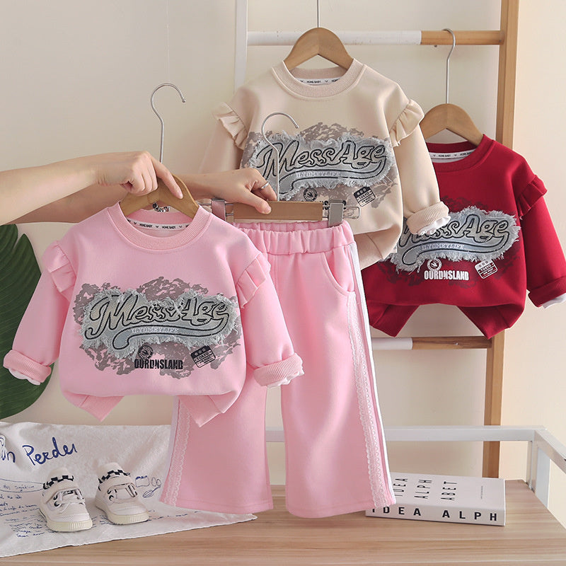 Outfit Korean Style Set 2026 New Model Girls' Letter Patch Sweatshirt Two-Piece Baby Girl Clothes Spring and Autumn Trend