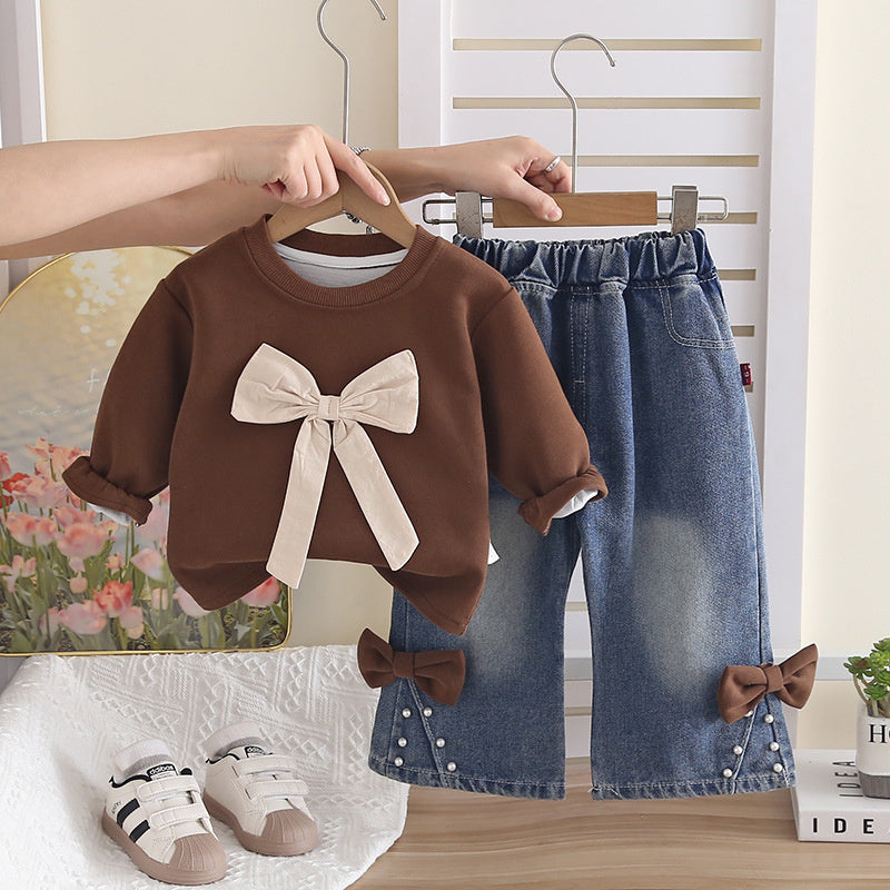 Girls' Outfit 2026 New Fashionable Children's Spring and Autumn Bowknot Sweatshirt for Girls Baby Casual Wholesale
