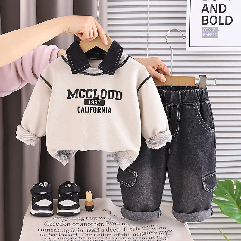 Boys' Outfit 2026 New Fashionable Children's Letter Print Turn-down Collar Long Sleeve Spring and Autumn Two-piece Set Trendy