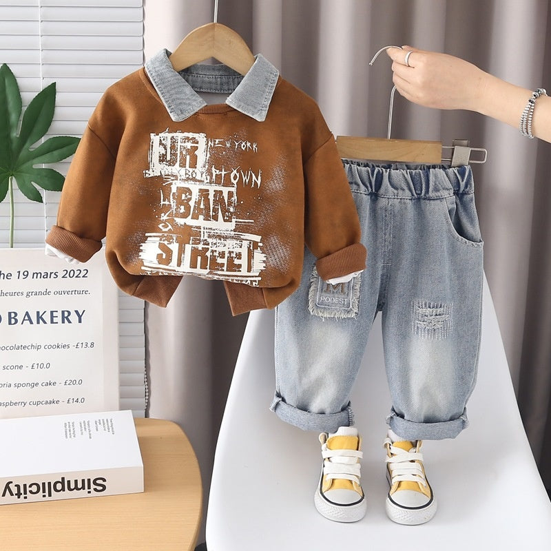 Baby boy spring outfit stylish children's clothing 2026 new style boys' letter sweatshirt two-piece set for one-year-old boys