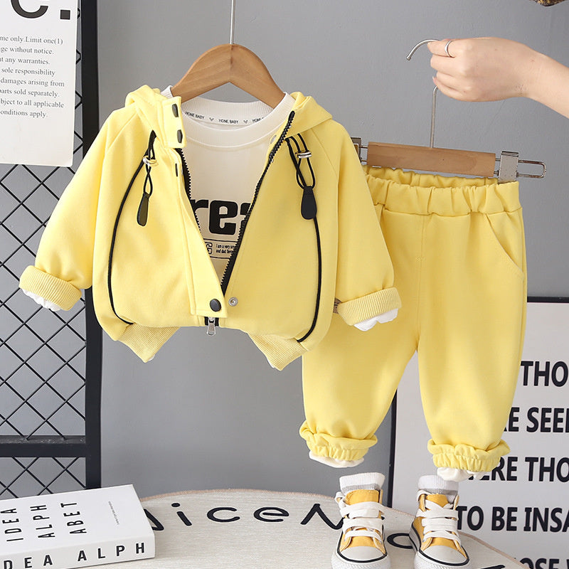 2026 Spring Autumn New Boys and Girls Striped Zipper Hooded Sports Solid Color Children's Clothing Three-Piece Set
