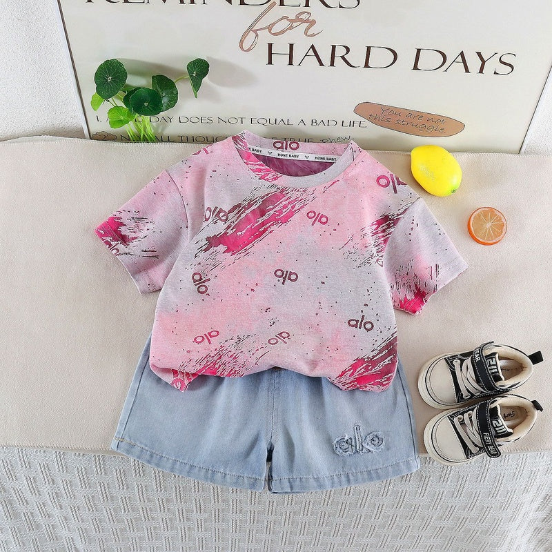 Children's 2026 Summer New Style Boys' Tie-Dye Letter Two-Piece Set Baby Short-Sleeve Sports Shorts