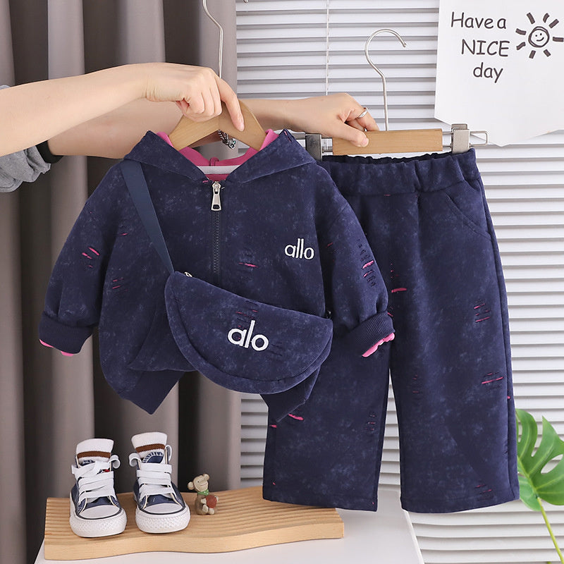 Boys' Outfit: Stylish Fashionable Hooded Jacket with Crossbody Bag and Straight Pants Two-Piece Set for Baby Boys in Spring