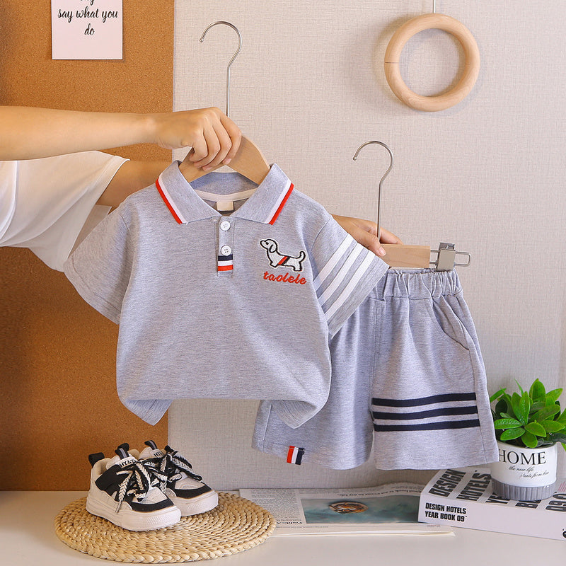 Children's outfit boys: puppy print Polo shirt, short-sleeved, lightweight, stylish two-piece set with shorts for baby boys, casual summer wear