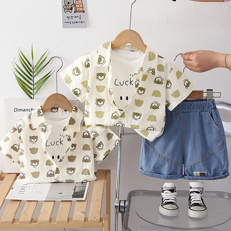 Boys' Outfit 2026 New Stylish Children's Summer Short Sleeve Baby Bear Head Three-Piece Set Trendy