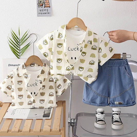 Boys' Outfit 2026 New Stylish Children's Summer Short Sleeve Baby Bear Head Three-Piece Set Trendy