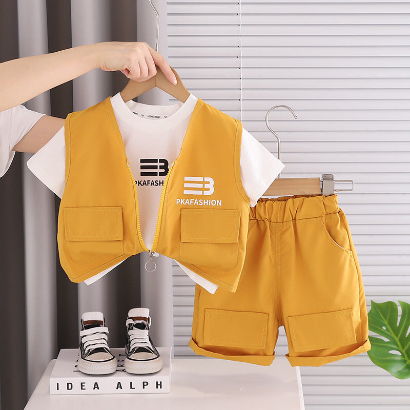 New stylish summer clothing boys, children's clothes for summer, boys' three-piece workwear set, baby short-sleeve suit