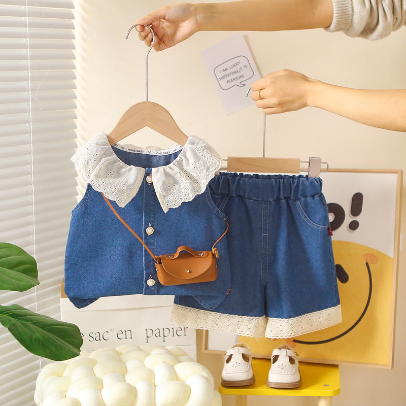 Baby Girl Outfit 2026 New Fashionable Children's Clothing Doll Collar Sleeveless Denim Two-Piece Set for Summer