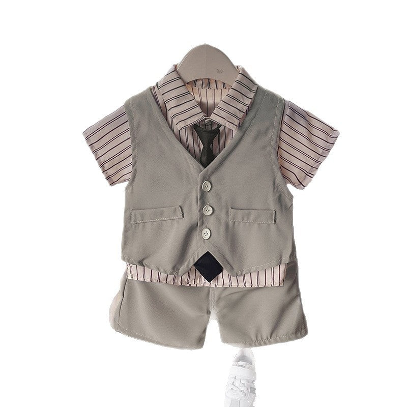 Boys' clothing, children's short-sleeve suit, new style baby boy summer vest suit three-piece set, stylish and trendy for ages 1-4