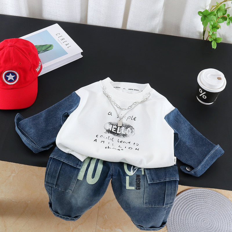 Boys' Outfit 2026 New Style Infant Children's Spring and Autumn Letter Patchwork Sweatshirt Two-Piece Set for Stylish Baby Boys