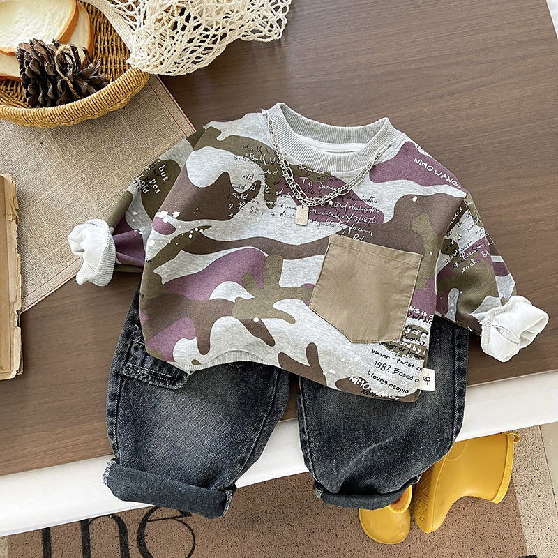 Boys' Outfit Spring and Autumn 2026 New Fashionable Camouflage Sweatshirt Long Sleeve Two-Piece Set Baby Clothes Dropshipping