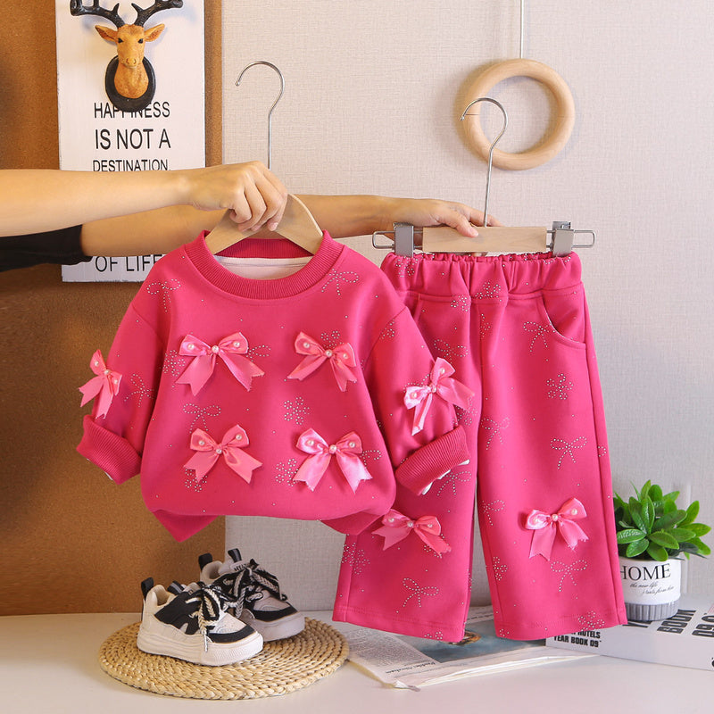 Outfit Set 2026 New Cartoon Style with Many Bows Sweatshirt Spring and Autumn Girls' Clothing Wholesale