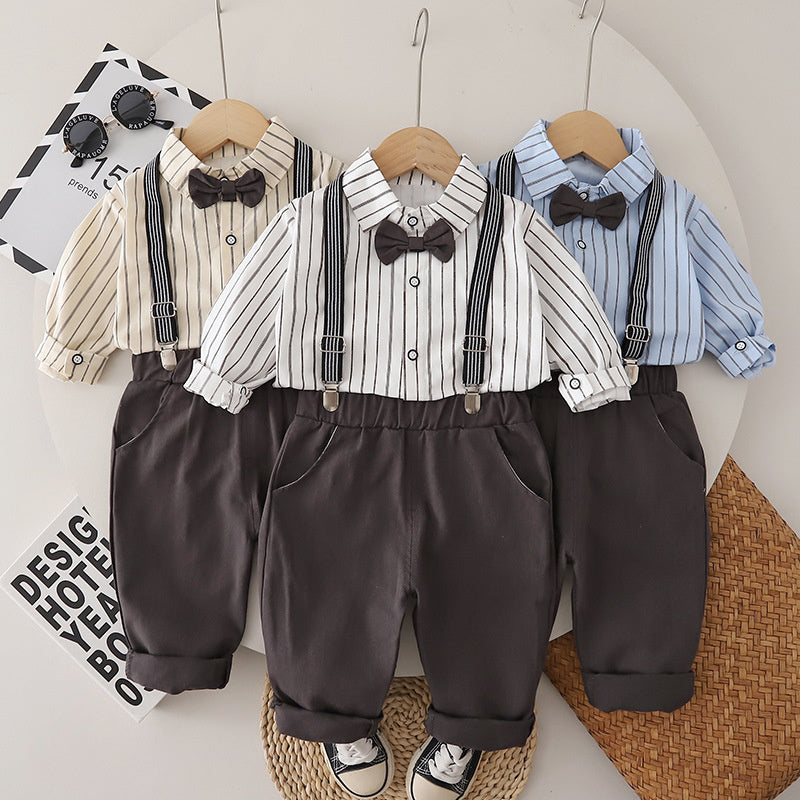 Boys' Autumn Outfit 2026 New Fashionable Baby Spring/Autumn Stylish Vertical Striped Overalls Two-Piece Set Trendy Wholesale