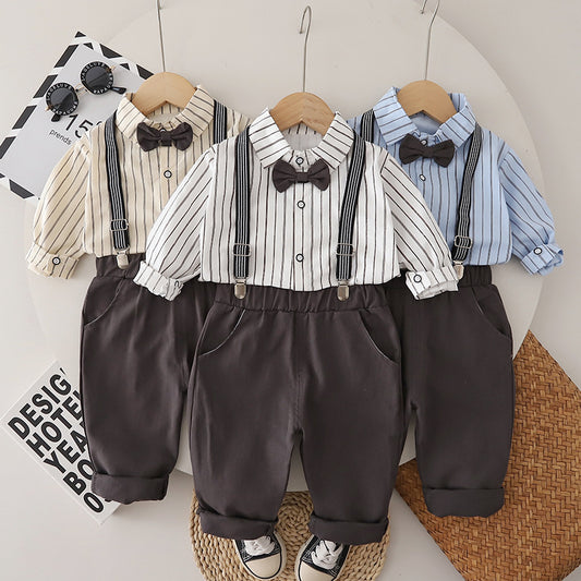 Boys' Autumn Outfit 2026 New Fashionable Baby Spring/Autumn Stylish Vertical Striped Overalls Two-Piece Set Trendy Wholesale