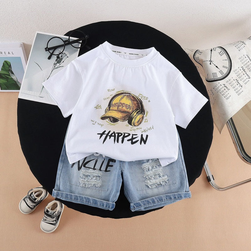 Children's clothing for boys, summer outfit 2026, Korean style, infant and toddler hat, headphones, short-sleeved stylish two-piece set