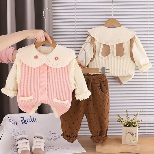 Girls' Spring Outfit for 1-2-3 Year Old Baby Girls, Stylish Fashionable Clothes, Children's Wear, Rabbit Ear Sweater Three-Piece Set