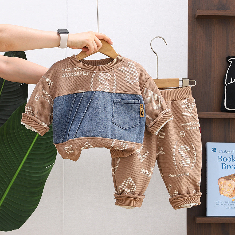 Baby Jacquard Letter Denim Patchwork Sweatshirt 2026 New Model Boys' Spring and Autumn Outfit Set Two-Piece Children's Clothing
