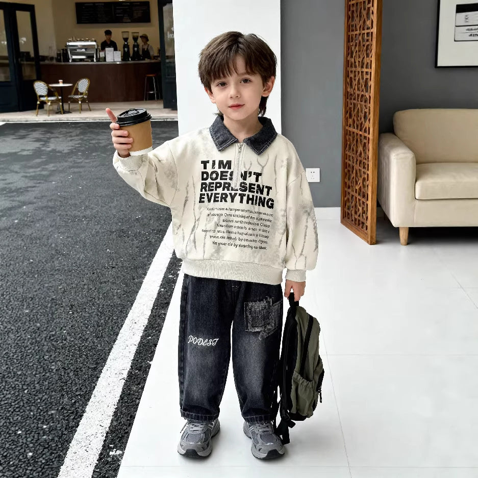 Baby clothes spring, stylish Korean-style loose long-sleeve half-zip sweatshirt set for boys aged 0 to 2 years old
