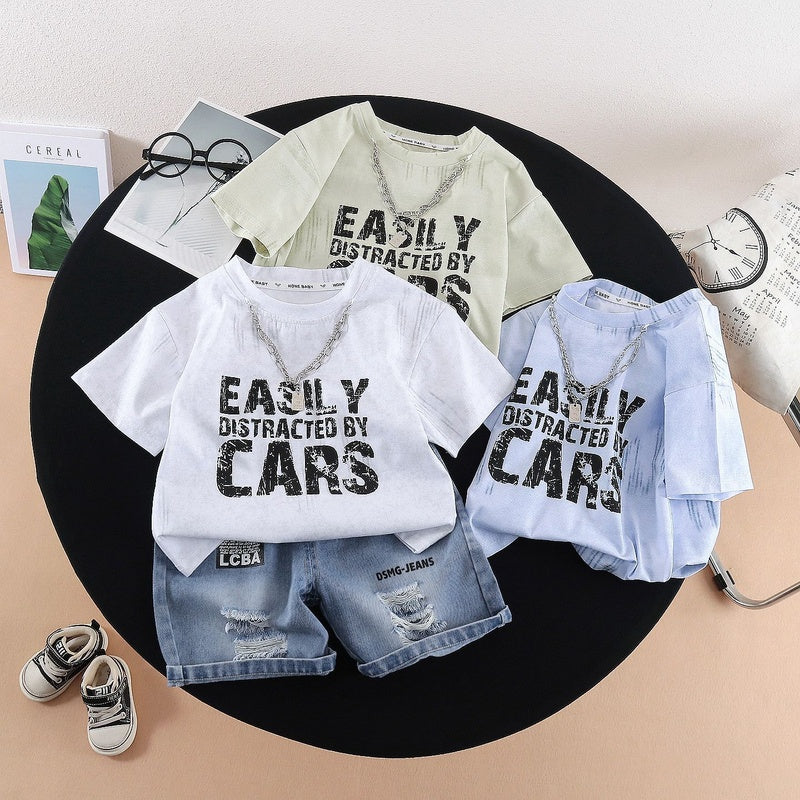 Children's Summer 2026 New Set: Tie-Dye Letter Print Short-Sleeve T-Shirt with Chain, Two-Piece Outfit for Boys