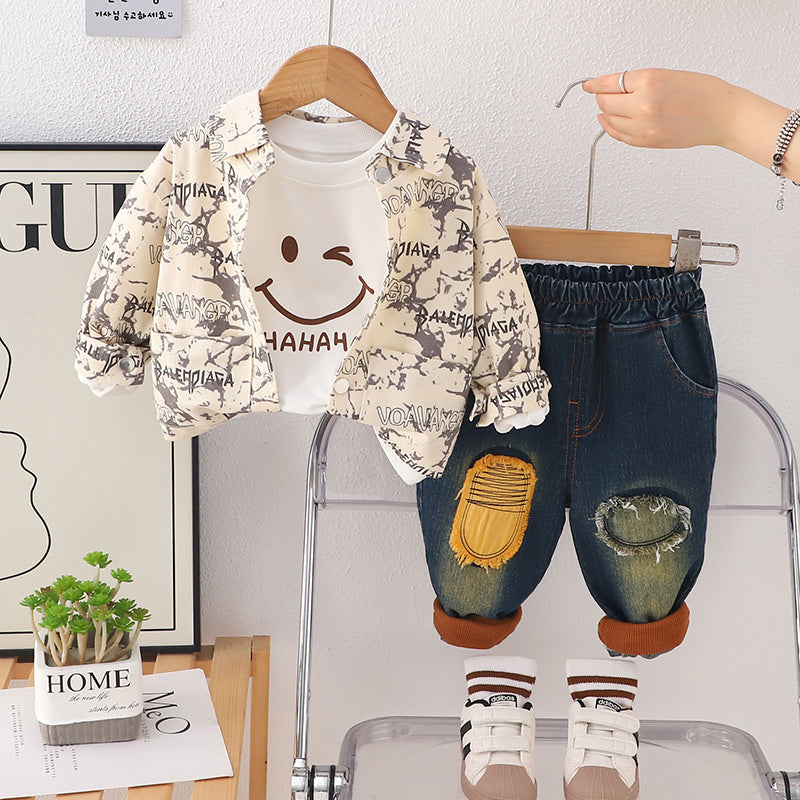 Boys' Toddler Clothing Autumn 2025 New Tie-Dye Smiley Face Jacket Casual Long Pants Children's Baby Three-Piece Set