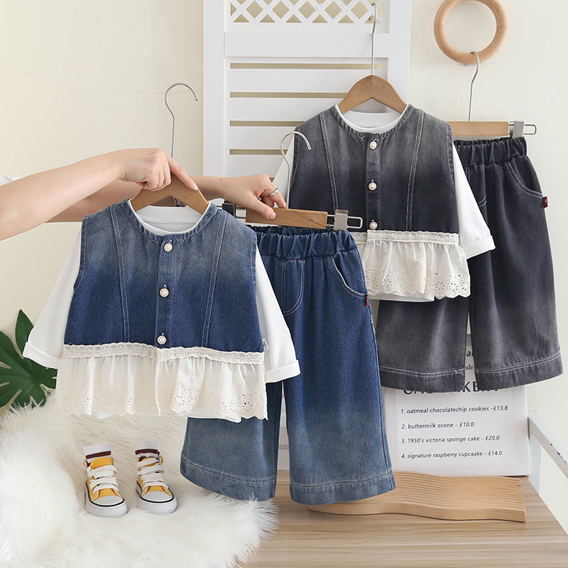 Girls' fashion stylish children's clothing, and autumn outfit, vest, lace skirt three-piece set, baby spring trendy clothing
