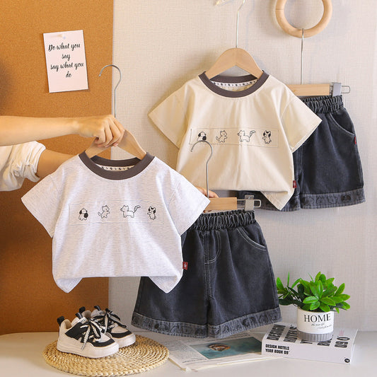 Boys' Solid Color Puppy Print Short Sleeve Set New Children's Round Neck Cool and Stylish Baby Summer Two-Piece Outfit