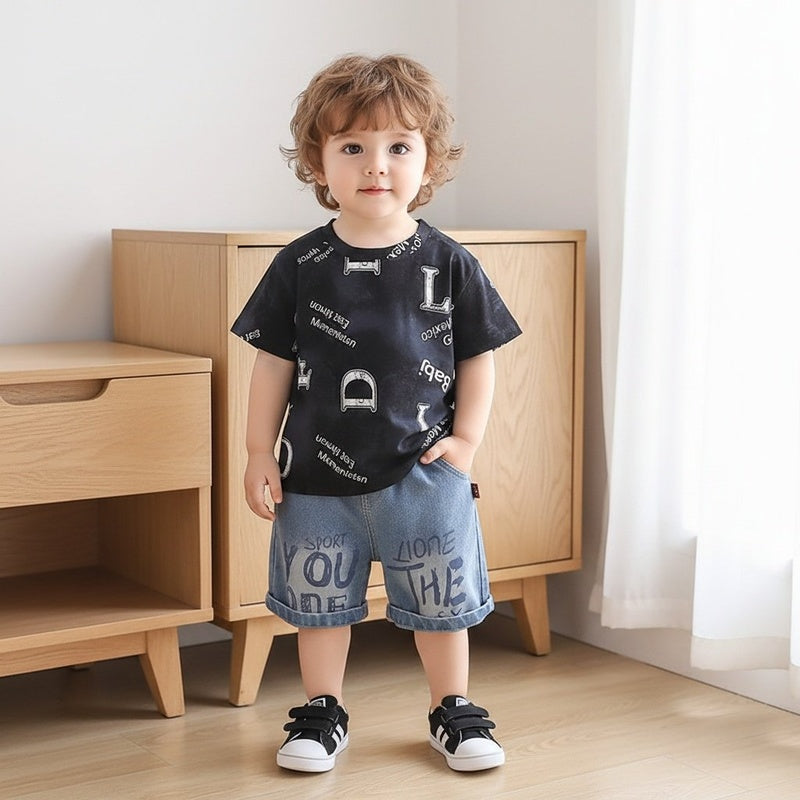 Boys' Short-Sleeve Set 2026 New Stylish Baby Summer Clothes Trendy Letter Print Round Neck Two-Piece Outfit