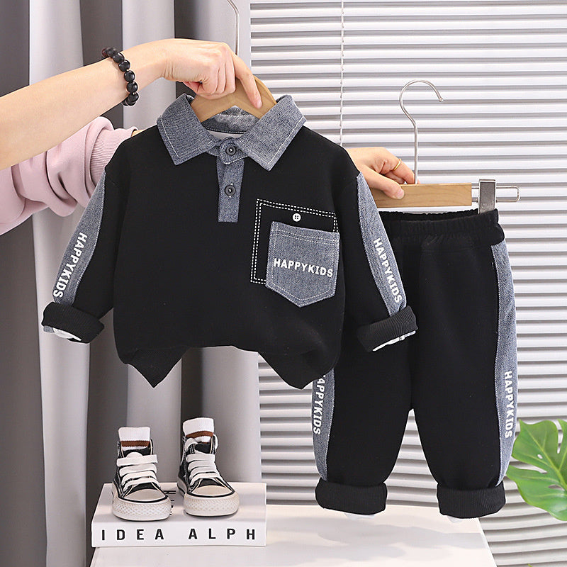 Boys' Suit Spring and Autumn 2026 New Denim Pocket Sweatshirt Toddler Long Sleeve Baby Korean Style Two-Piece Set Trendy