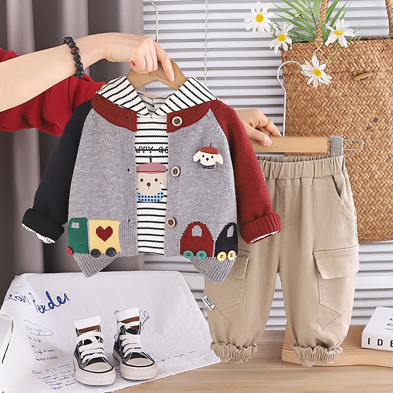 Boys' and Autumn Color-Block Car Three-Piece Set Infant Cartoon Casual Outfit for 1-4 Year Olds Baby Spring Clothes