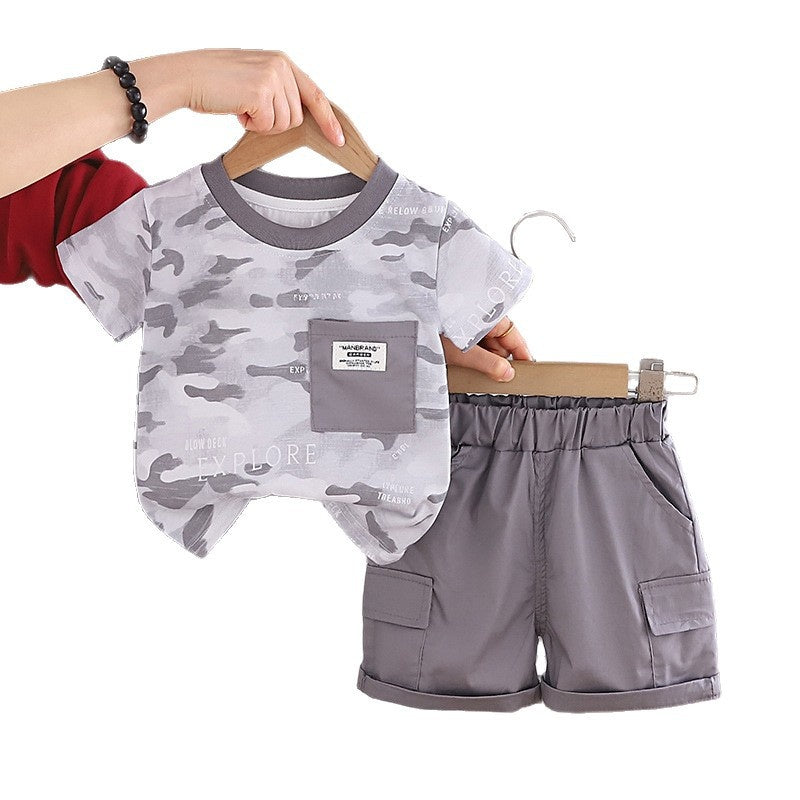 Boys' Short-Sleeve 2026 New Summer Outfit Baby Stylish Korean Version Children's Round Neck Pocket Two-Piece Set Trendy