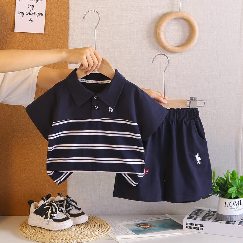 Boys' Summer Outfit: Children's Cartoon Striped Polo Shirt Short-Sleeve Shorts Two-Piece Set, Lightweight Clothing for Toddlers and Babies