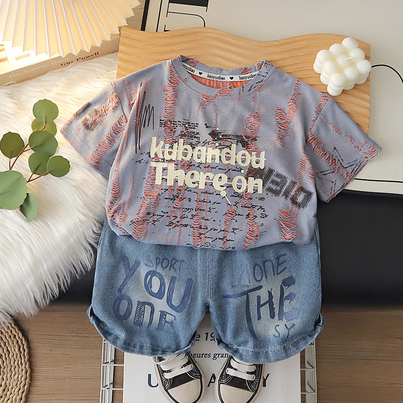 Boys' Short-Sleeve 2026 New Summer Outfit Baby Stylish Korean Version Ripped Letter Print Thin Two-Piece Trendy Set