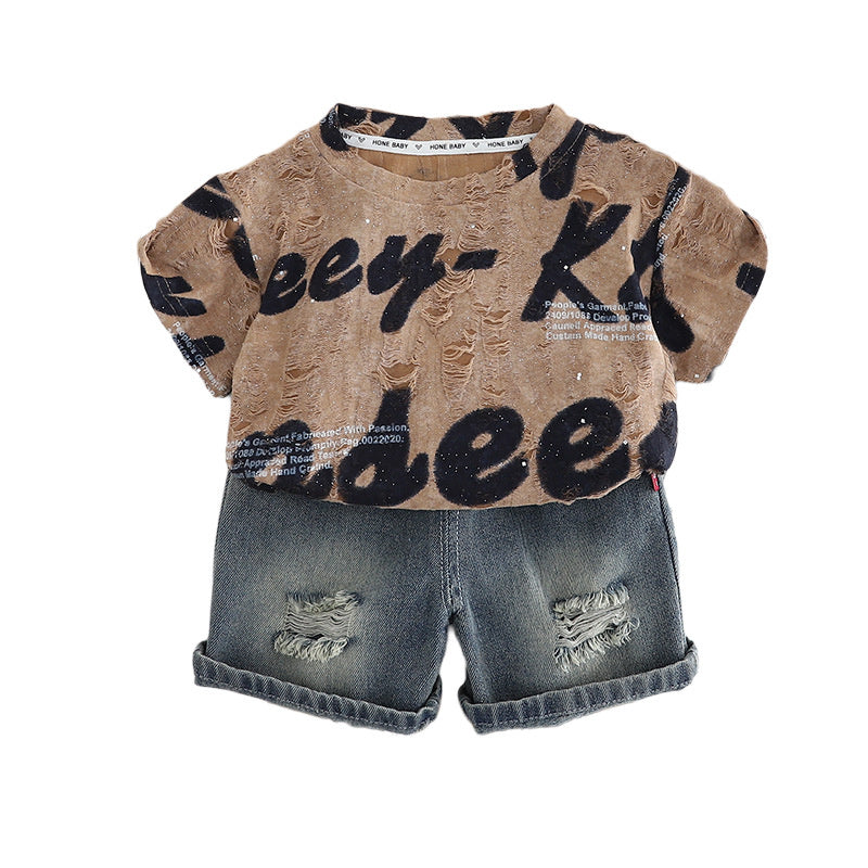Boys Summer Suit Handsome 2025 New Korean Version Children's Stylish English Short Sleeve Baby Thin Two-Piece Set Trendy
