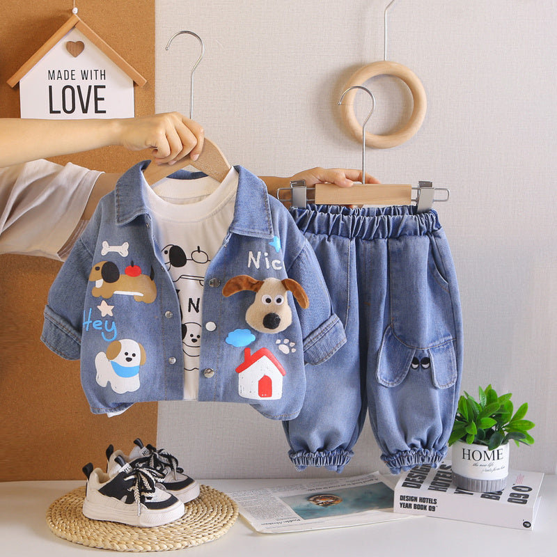 Boys' Spring and Outfit 2026 New Fashionable Children's Three-Piece Set with 3D Puppy Denim Design for Babies, Autumn Trend Wholesale