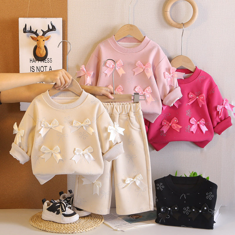 Outfit Set 2026 New Cartoon Style with Many Bows Sweatshirt Spring and Autumn Girls' Clothing Wholesale