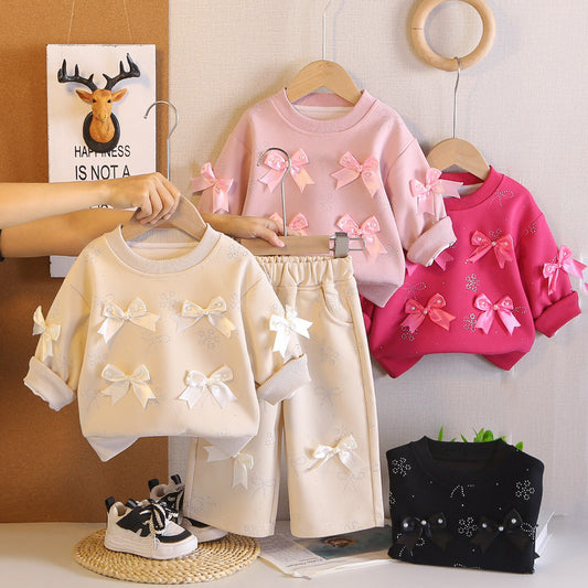 Outfit Set 2026 New Cartoon Style with Many Bows Sweatshirt Spring and Autumn Girls' Clothing Wholesale