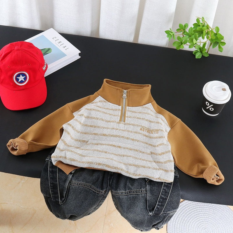 Boys' Outfit 2026 New Fashionable Children's Stand-up Collar Striped Two-piece Set Baby Spring and Autumn Casual Trend
