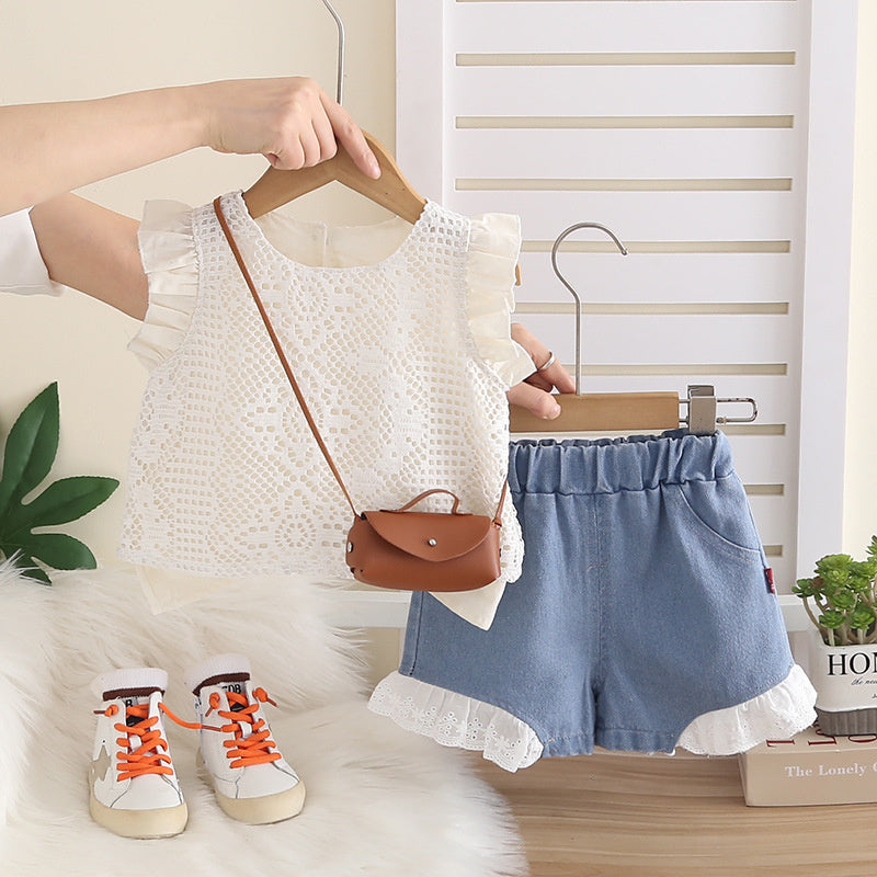 Baby girl's round-neck sleeveless outfit, stylish and trendy children's clothing, summer toddler two-piece set