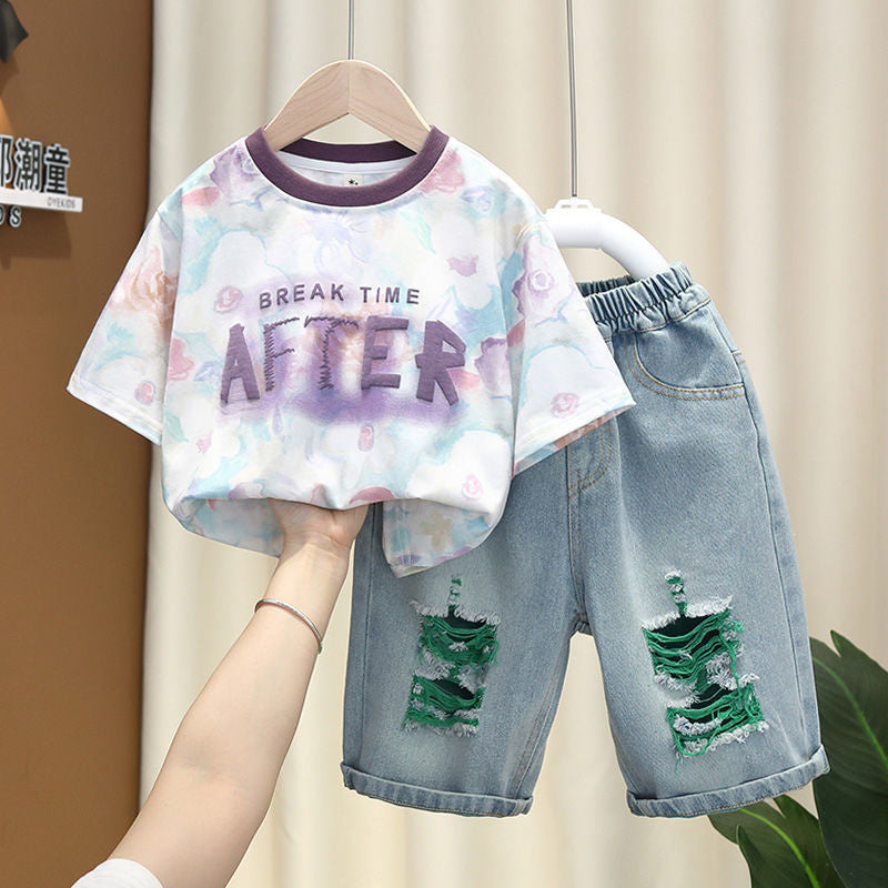 Boys' Short-Sleeve Outfit 2024 New Fashionable Children's Clothing Older Boys, Stylish Lightweight Two-Piece Set for Summer