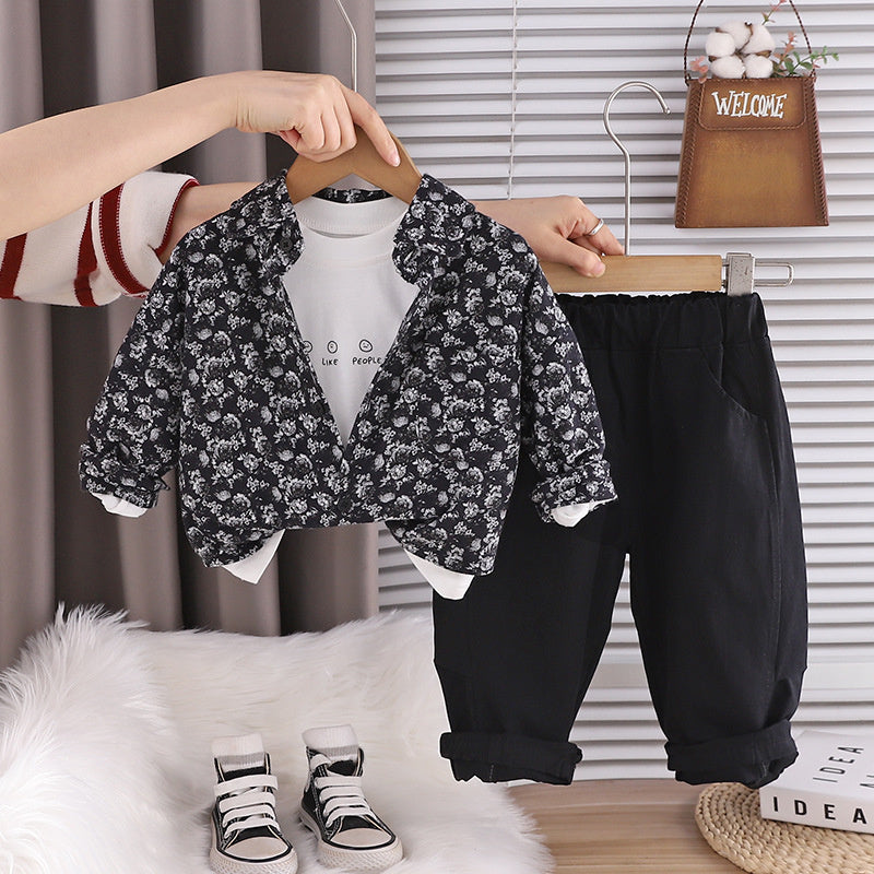 Boys' Outfit 2026 New Fashionable Baby Jacket Children's Spring and Autumn Stylish Full-Floral Three-Piece Set