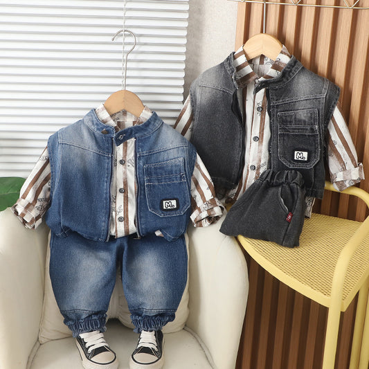 Baby clothes and autumn, Korean-style long-sleeve striped zip-up vest three-piece set for boys, stylish spring outfit