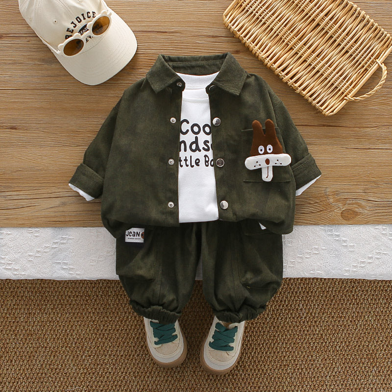 Boys' Autumn Outfit New Fashionable Infant and Children's Clothing Stylish Baby Outerwear Spring Corduroy Shirt Three-Piece Set