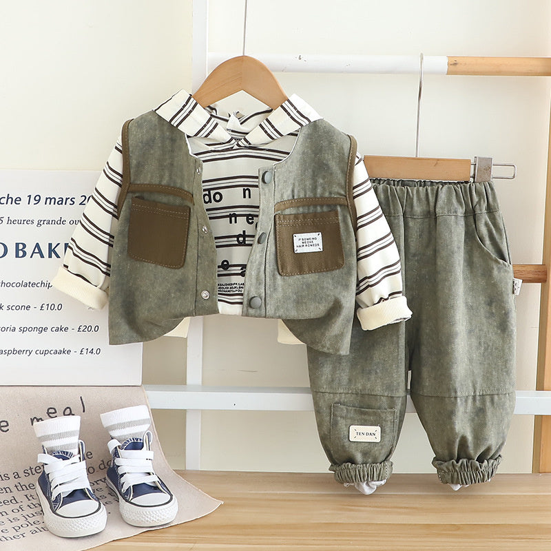 Fashion 2025 New Boys' Stylish Autumn Long Sleeve Pocket Vest Three-Piece Set Trendy Casual Clothing