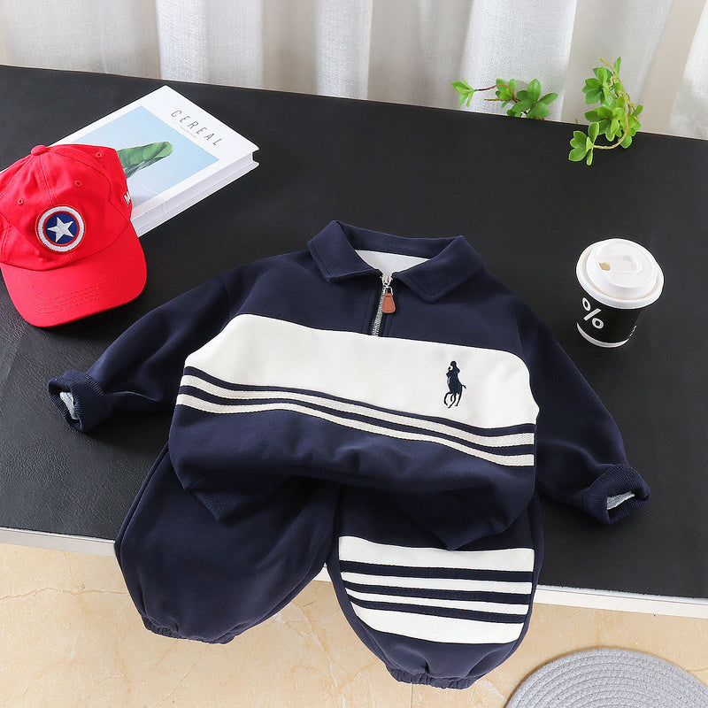 Baby Boy Outfit 2026 New Fashionable Boys' Spring and Autumn Children's Turn-down Collar Sweatshirt Two-piece Set Trendy