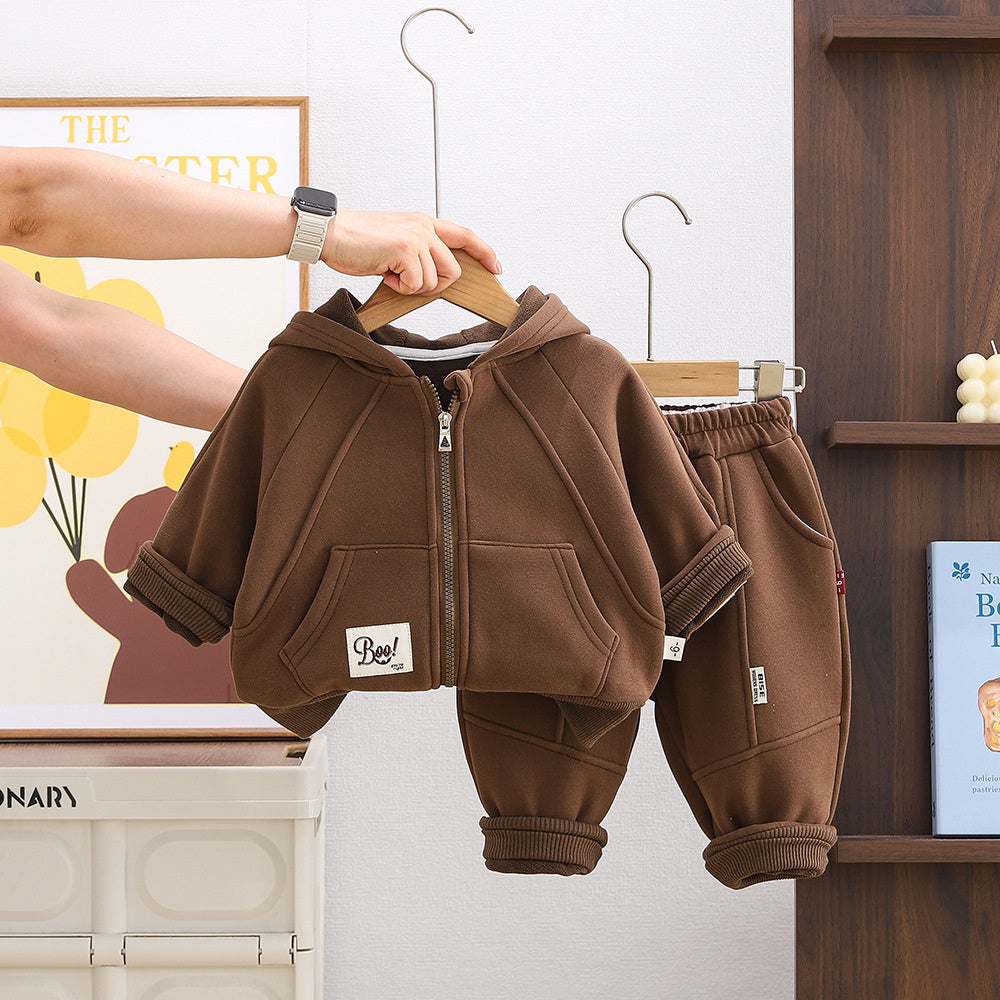Fleece-Lined Suit 2025 Stylish New Children's Boys' Autumn Winter Solid Color Zipper Two-Piece Set Trendy