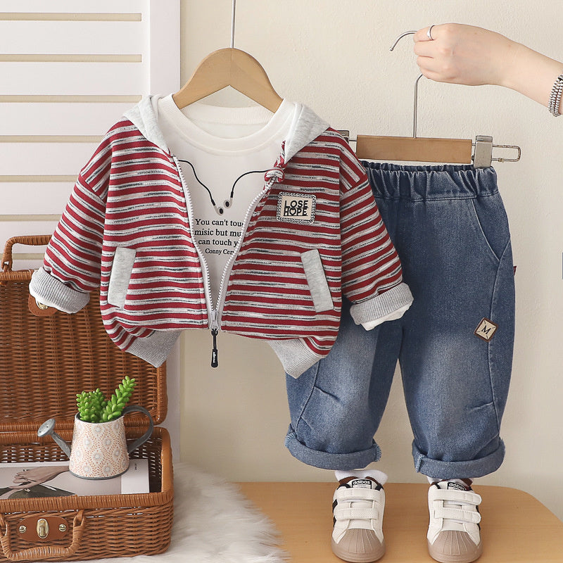 Boys' Outfit 2026 New Style Infant Children's Spring and Autumn Stylish Baby Boy Clothes Striped Hooded Three-Piece Set