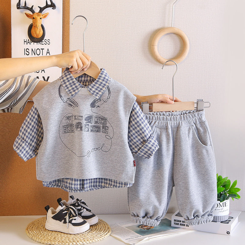 Boys' outfit new children's clothing, Korean-style plaid earphone vest three-piece set, fashionable stylish for toddlers in spring and autumn