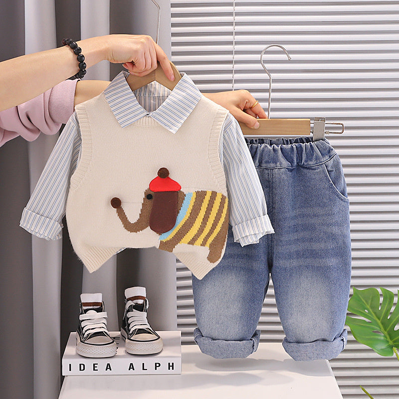 Boys' Autumn Outfit 2026 New Style Baby Boy Spring Clothes Stylish Cartoon Elephant Sweater Three-Piece Set for Infants and Children